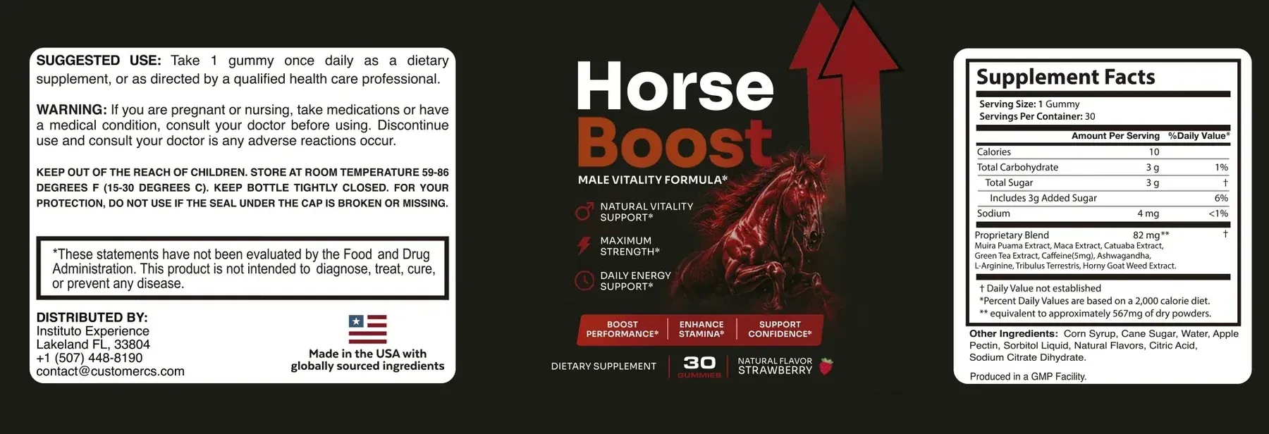 The complete Horse Boost label artwork: directions and warning on the left, front panel in the middle, Supplement Facts on the right
