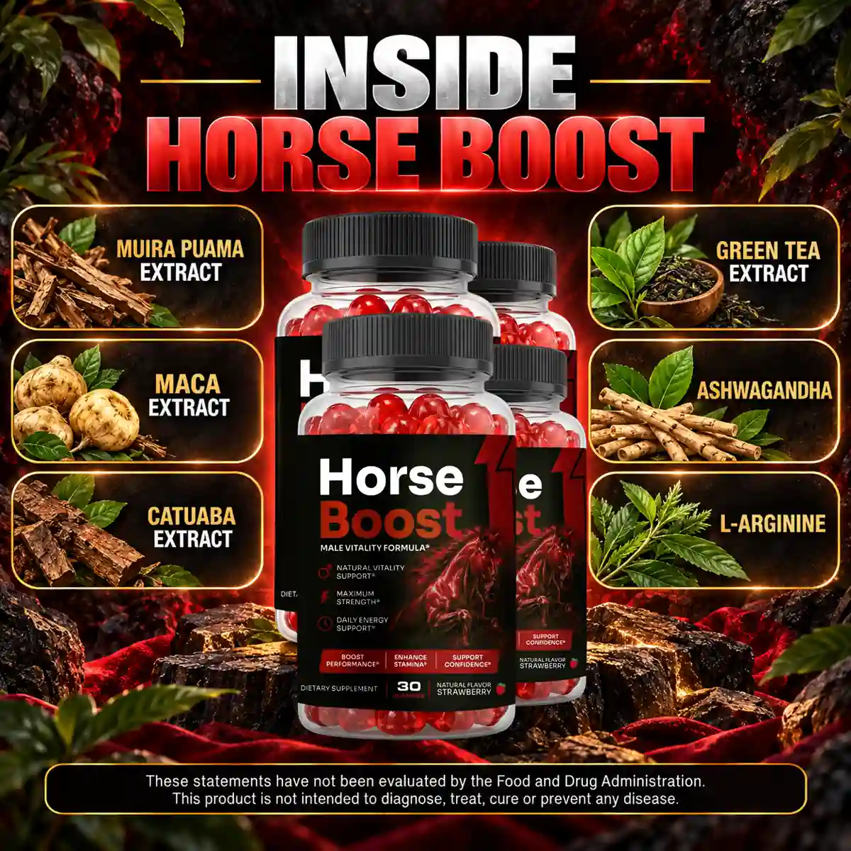 Inside Horse Boost: muira puama, maca, catuaba, green tea, ashwagandha and L-arginine