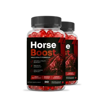A Horse Boost bottle beside roots and berries